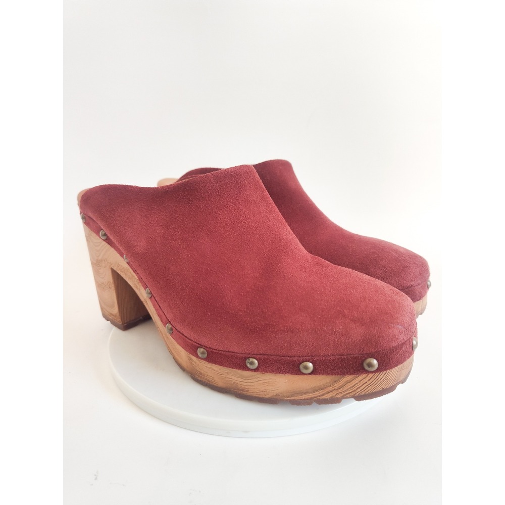Kork-Ease Clog Mules 9M Burgundy Suede Studded Wood Platform Boho Retro Shoes - Picture 2 of 9